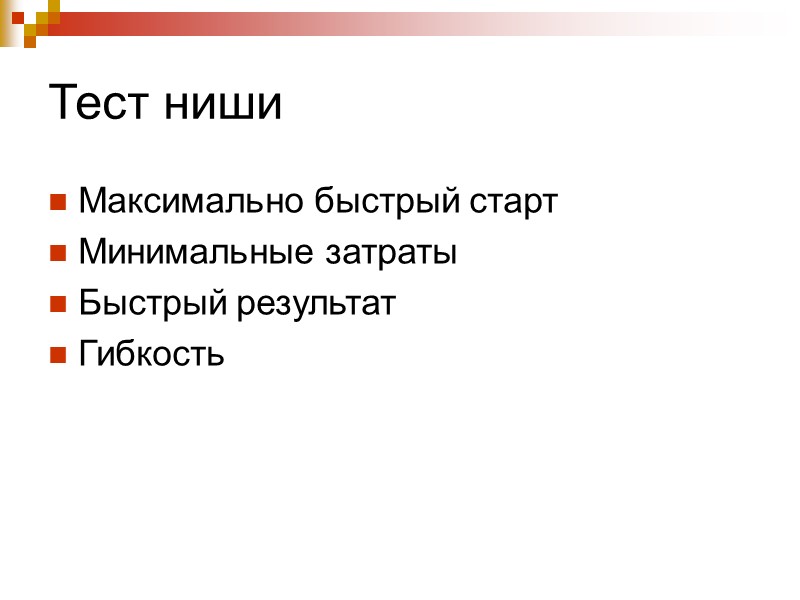 Тест ниши Максимально быстрый старт Минимальные затраты Быстрый результат Гибкость